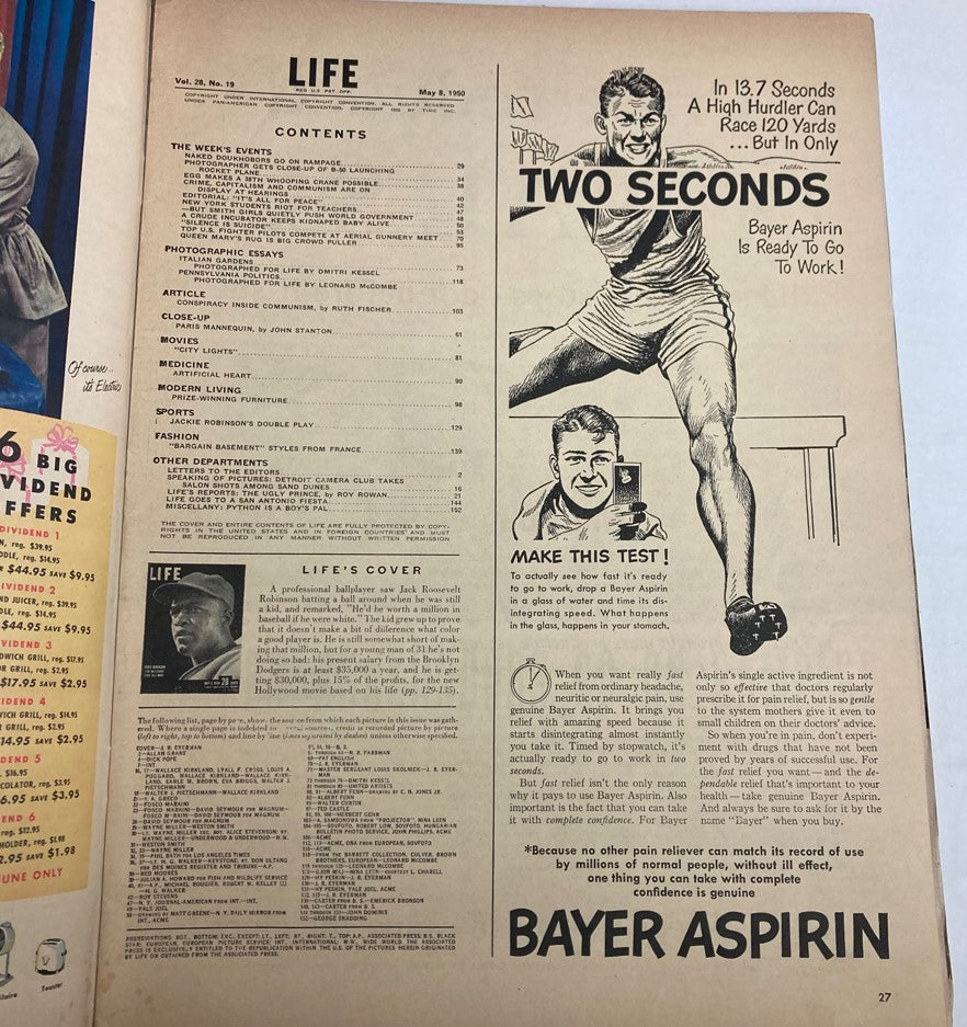VTG Life Magazine May 8 1950 showing the contents page, highlighting articles including Jackie Robinson's double play and Bayer Aspirin advertisement.
