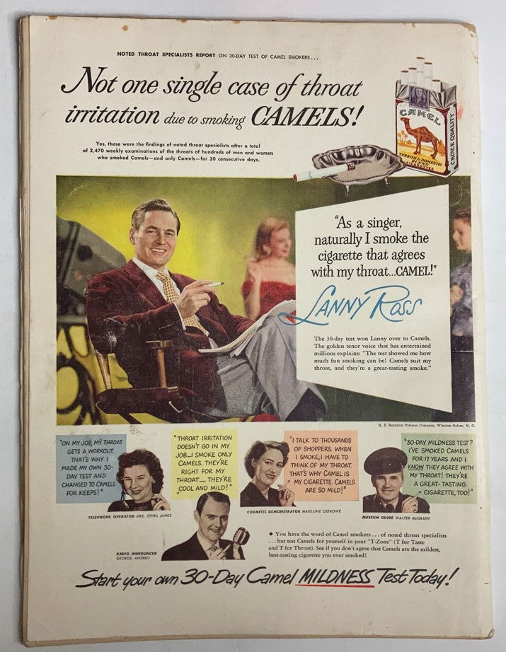 VTG Life Magazine May 8 1950 featuring a vintage advertisement for Camel cigarettes with Lanny Ross, emphasizing throat irritation claims.