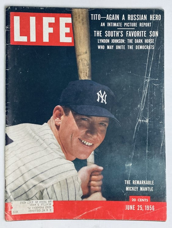 Cover of VTG Life Magazine June 25, 1956, featuring MLB New York Yankees legend Mickey Mantle, showcasing his iconic smile with a baseball bat.
