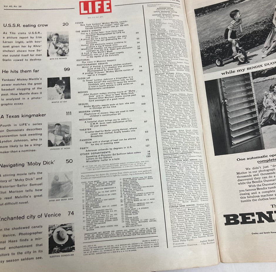 Inside page of VTG Life Magazine June 25, 1956, displaying the table of contents and articles related to Mickey Mantle and other features from the issue.