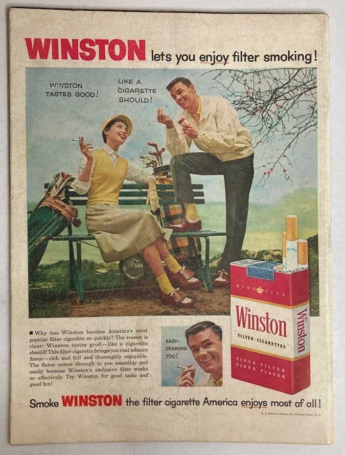 Vintage advertisement featuring Winston Filter Cigarettes with a couple enjoying a relaxed moment outdoors, promoting the message "Winston tastes good!" alongside the iconic Life Magazine June 25 1956 cover with MLB Yankees' Mickey Mantle.