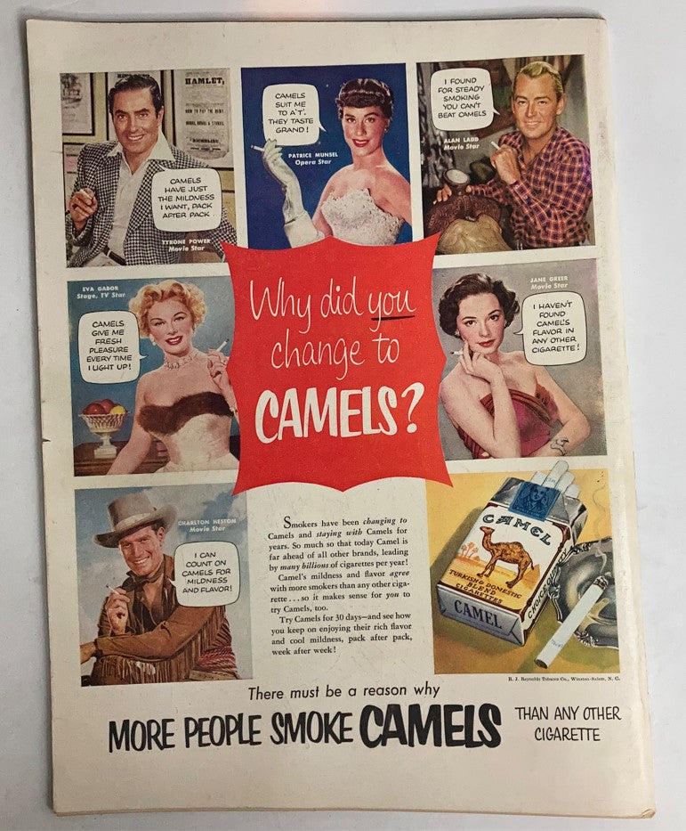 Vintage advertisement in Life Magazine July 13, 1953 promoting Camel cigarettes with famous personalities discussing the benefits of switching to Camels, reflecting 1950s advertising style.