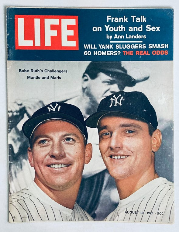 Cover of Life Magazine from August 18, 1961, featuring baseball legends Mickey Mantle and Roger Maris, highlighting their challenge to smash 60 home runs.