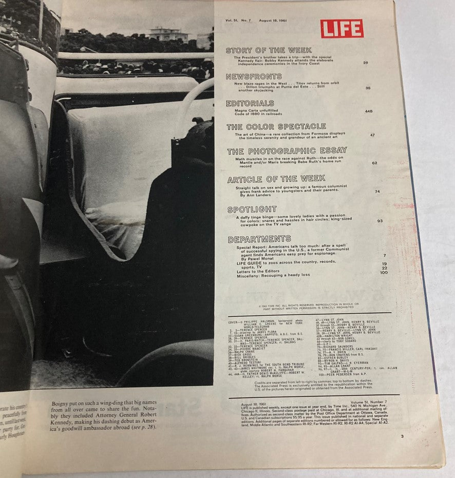 Table of contents from Life Magazine August 18 1961, featuring articles and sections including Story of the Week, Editorials, and Photographic Essay.