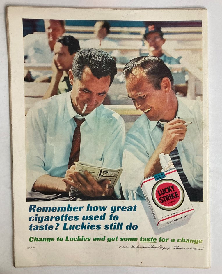 Vintage advertisement for Lucky Strike cigarettes featured in Life Magazine August 18 1961, showcasing two men enjoying a humorous moment.