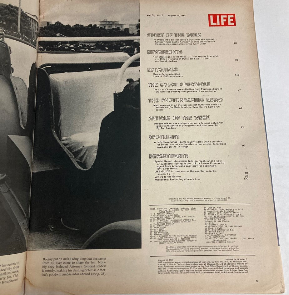 Interior page of Life Magazine August 18 1961 Vol 51 No. 7, showcasing article titles and features, including editorial content and insights into the cultural landscape of the time.