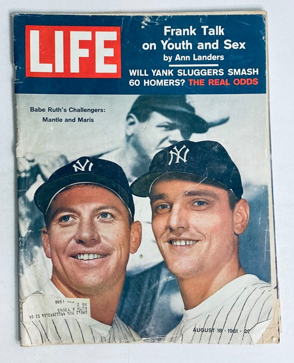 Cover of VTG Life Magazine August 18 1961 featuring MLB stars Mickey Mantle and Roger Maris, showcasing their rivalry and camaraderie as Babe Ruth’s challengers.
