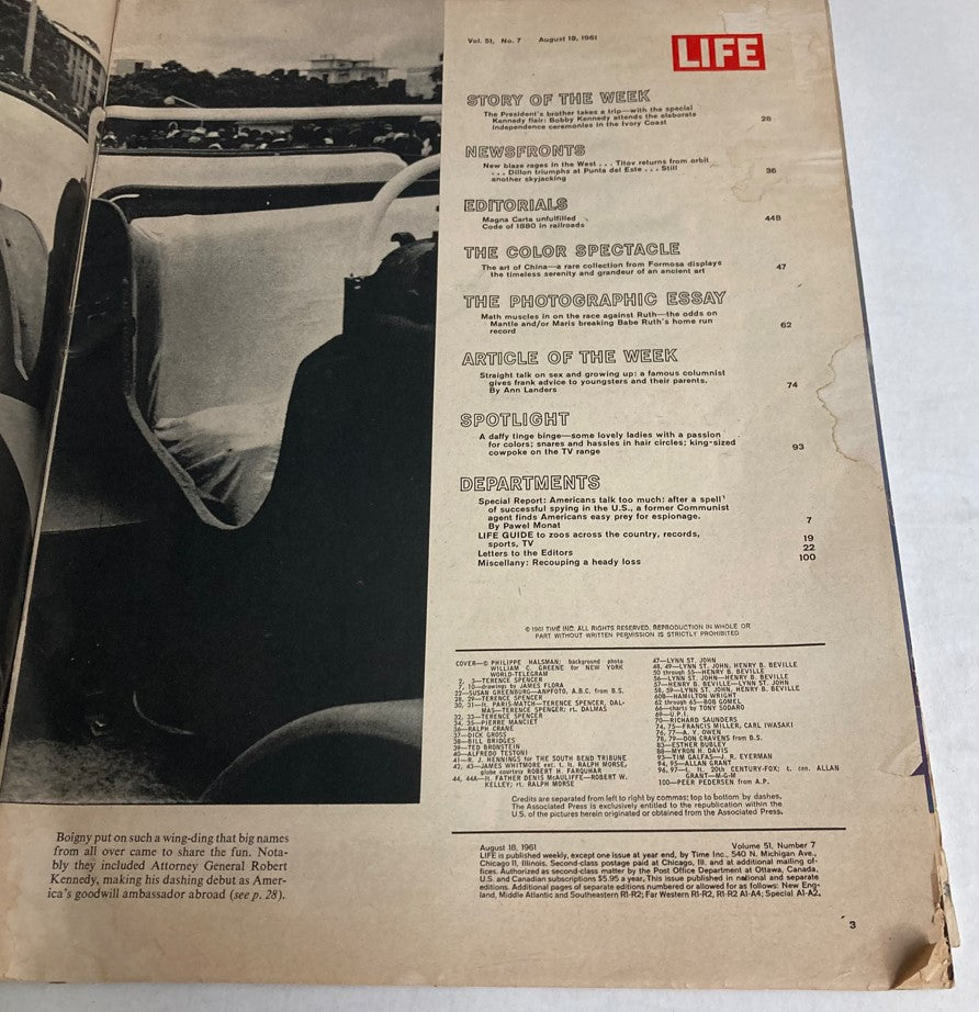 Contents page of VTG Life Magazine August 18 1961, featuring articles and highlights from the issue including Mickey Mantle and Roger Maris.