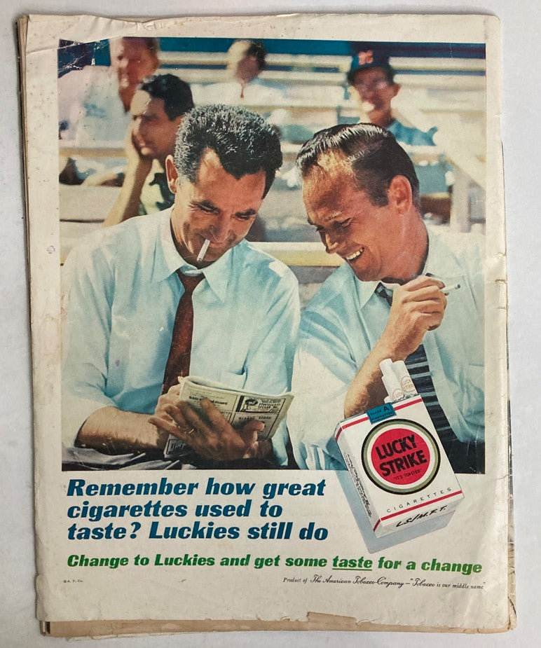 Advertisement page from VTG Life Magazine August 18 1961, showcasing a Lucky Strike cigarette ad with two men enjoying each other's company.
