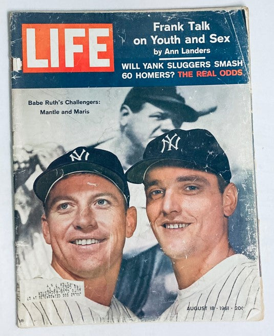 Cover of the VTG Life Magazine August 18, 1961, featuring baseball legends Mickey Mantle and Roger Maris, highlighting their significance in sports history.