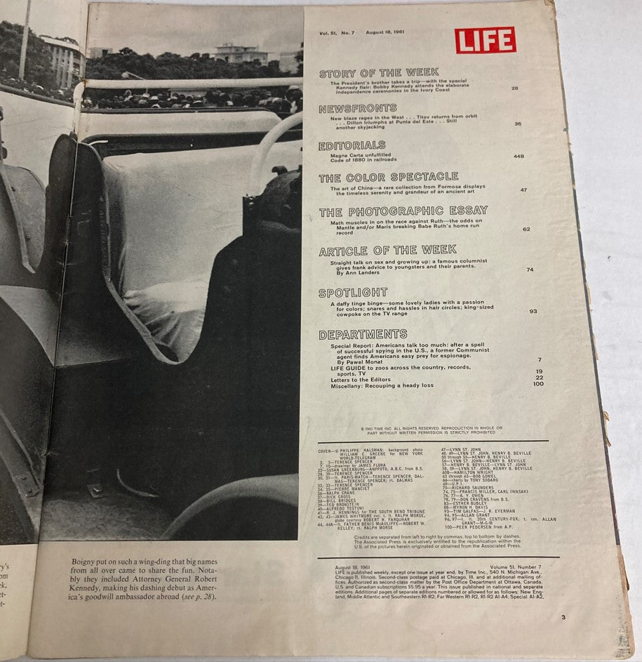 Interior page of the VTG Life Magazine August 18, 1961, showcasing the table of contents with articles and features, including baseball-related stories.