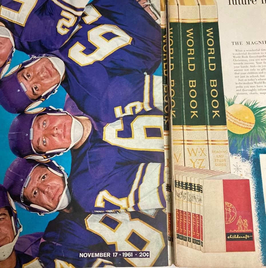 Interior page of VTG Life Magazine November 17, 1961, showcasing Minnesota Vikings players in a huddle, illustrating the iconic football culture of the early 1960s.