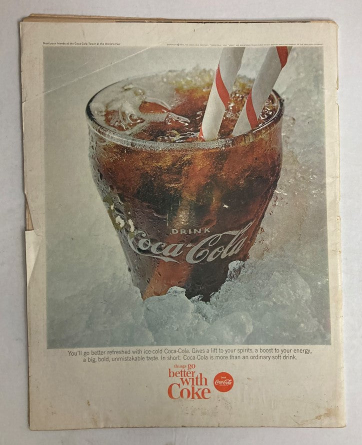 Back cover of VTG Life Magazine July 2, 1965 featuring a Coca-Cola advertisement with a cold drink and ice, promoting the slogan 'Things go better with Coke'.