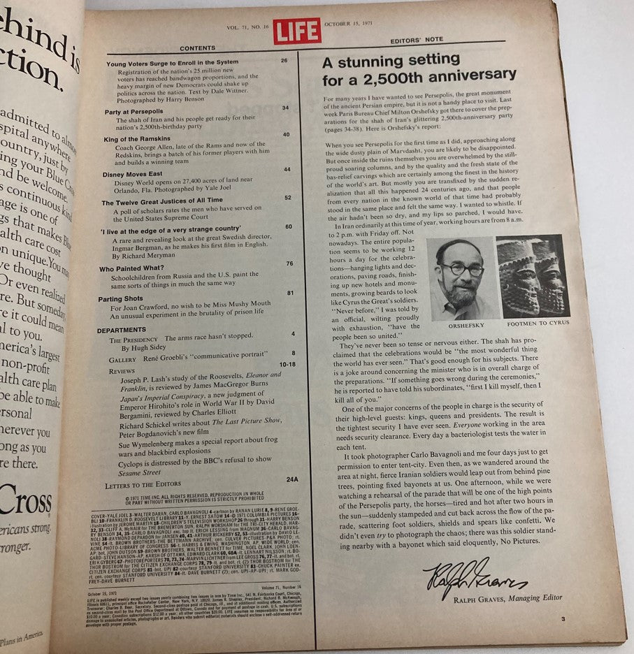 Life Magazine October 15 1971 contents page highlighting various articles, including a feature on Disney World.
