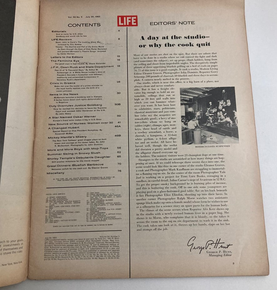 Inside page of VTG Life Magazine July 30 1965 displaying the table of contents, highlighting key articles including Mickey Mantle's Misery.