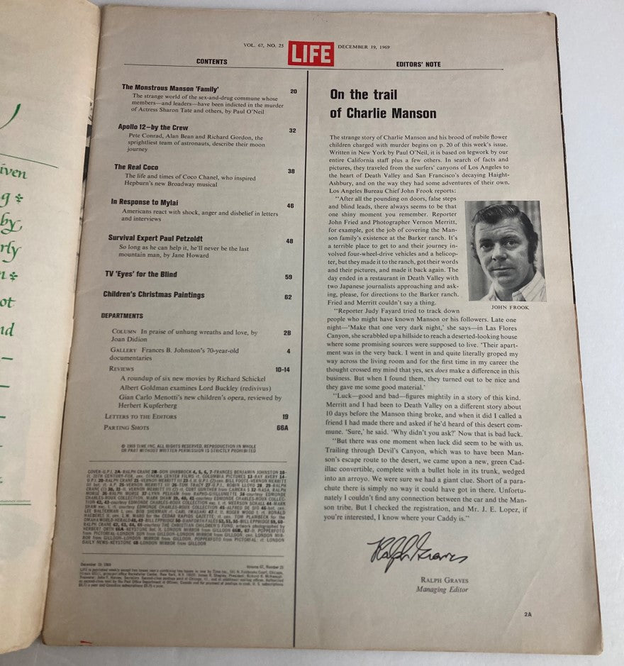 VTG Life Magazine December 19 1969 featuring Charles Manson, with a contents page highlighting key articles like 'On the trail of Charlie Manson' and illustrations from the era.