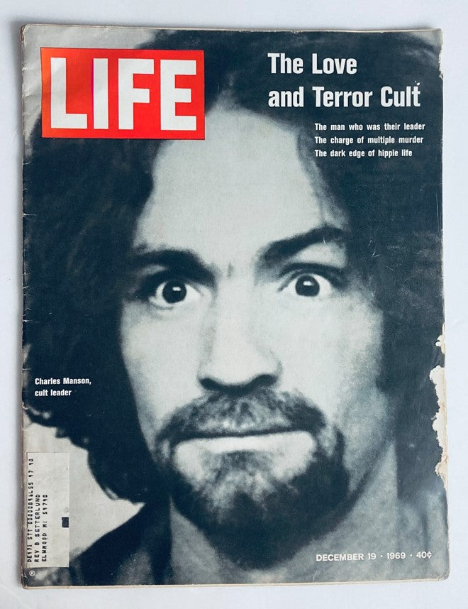 Cover of VTG Life Magazine December 19, 1969 featuring Charles Manson, with text about 'The Love and Terror Cult.'