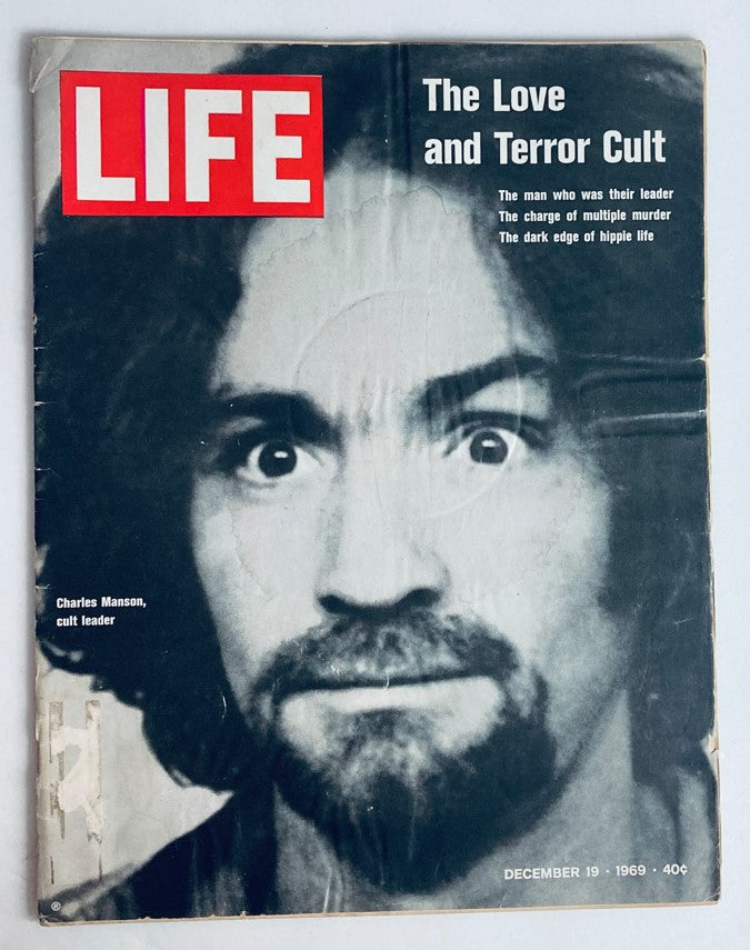 VTG Life Magazine December 19, 1969 featuring Charles Manson on the cover, highlighting the story 'The Love and Terror Cult'.