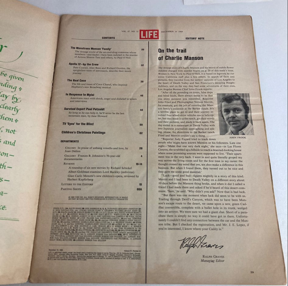 Inside page of VTG Life Magazine December 19, 1969, displaying the table of contents and editorial note related to Charles Manson.