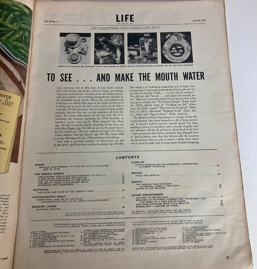 Interior page from Vintage Life Magazine July 20, 1953, displaying the table of contents and layout, featuring articles and themes from the era.