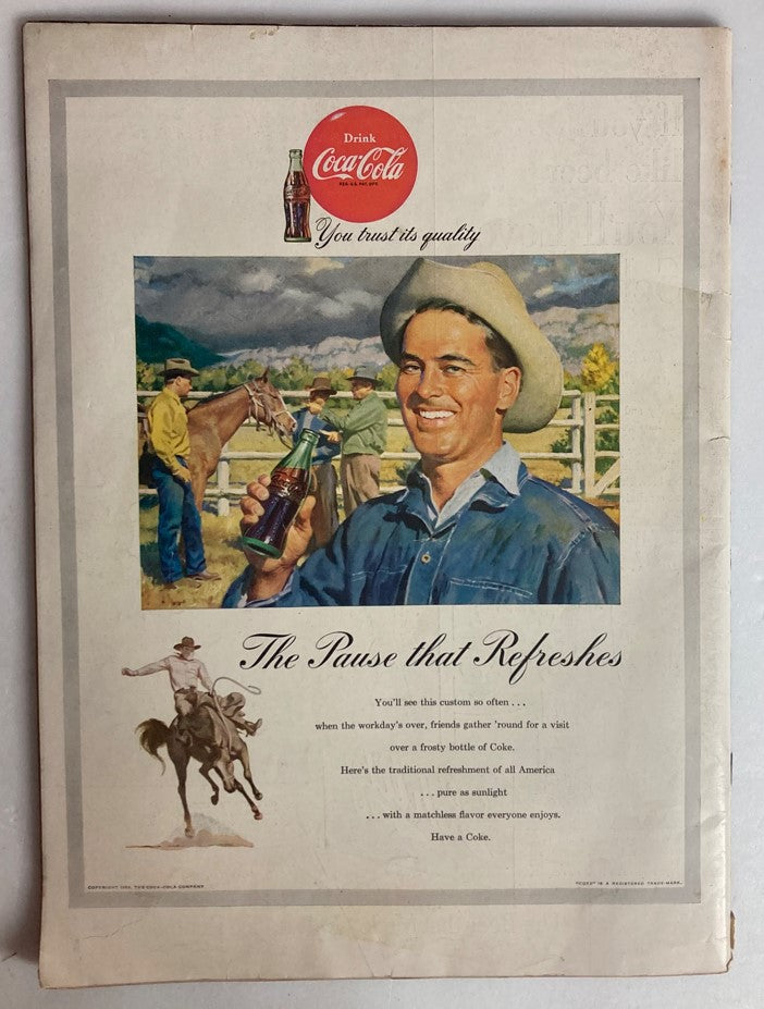 Vintage Coca-Cola advertisement from VTG Life Magazine July 20 1953 showcasing a smiling man holding a Coke bottle in a rural setting.
