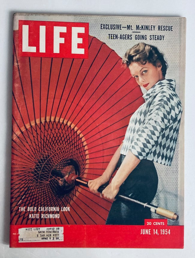 Cover of VTG Life Magazine June 14, 1954, Vol 36 No. 24 featuring Katie Richmond showcasing the Bold California Look against a red background with a decorative fan.