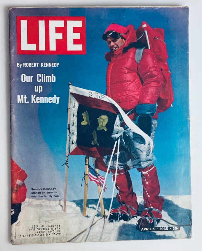 VTG Life Magazine April 9 1965 Vol 58 No. 14 featuring Robert F. Kennedy on the cover, showcasing his ascent up Mt. Kennedy.
