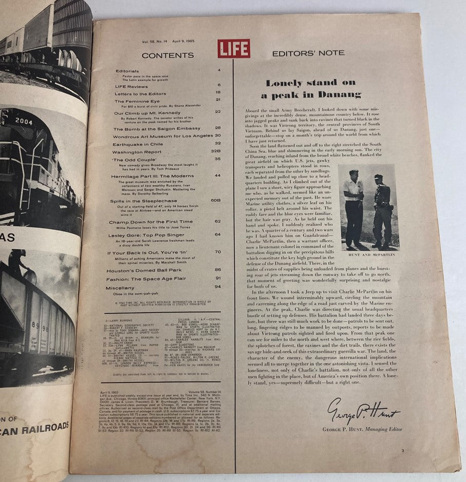 Inside page of VTG Life Magazine April 9 1965 Vol 58 No. 14, displaying the table of contents with various articles, including an editor's note.