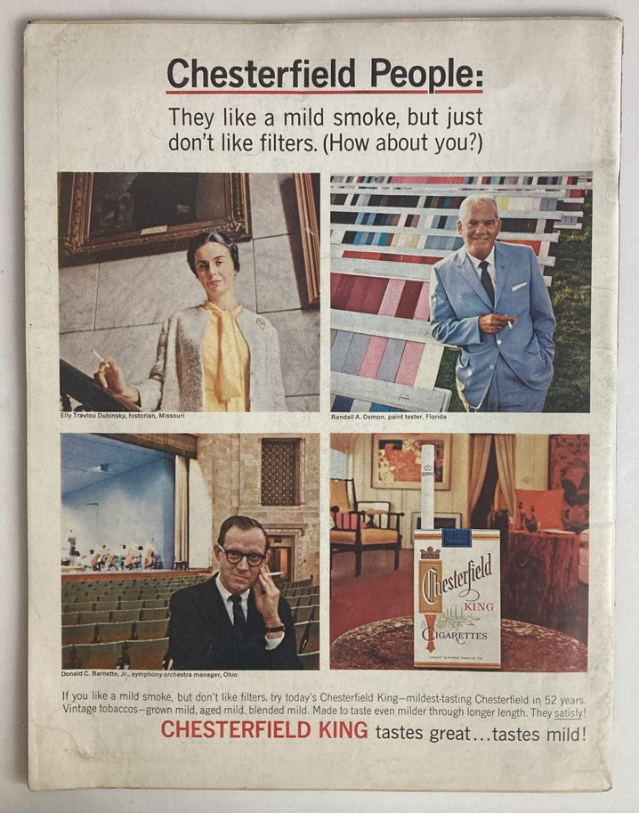 Back cover of VTG Life Magazine April 9 1965 Vol 58 No. 14, featuring an advertisement for Chesterfield King cigarettes.