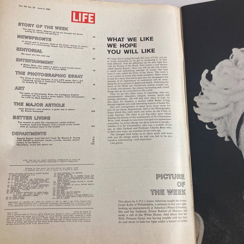 Inside page of VTG Life Magazine June 2 1961 Vol 50 #22 showcasing the magazine's table of contents, reflecting the diverse topics covered including the major article on the crisis in Latin America.