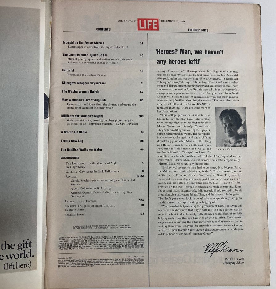 Interior contents page of Life Magazine, December 12, 1969, Vol 67 No 24, highlighting Apollo 12 on Moon, featuring articles and photographs from that era.