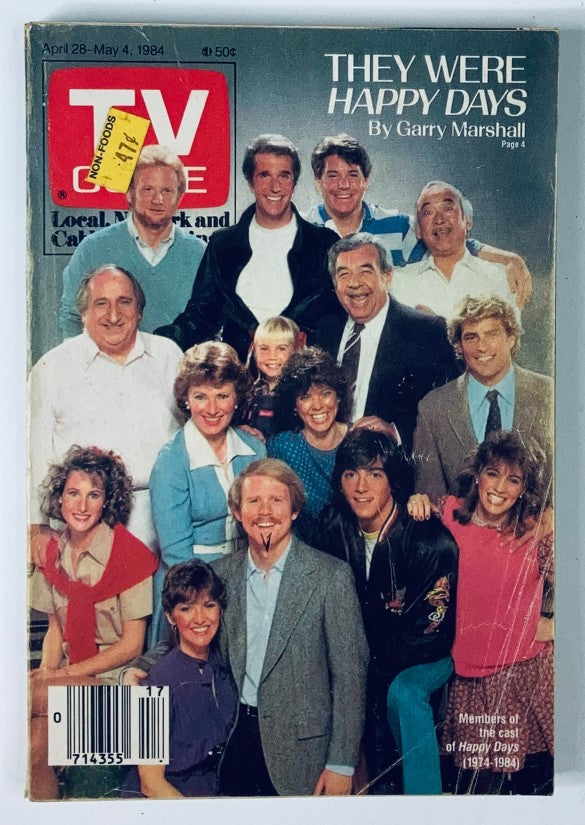 TV Guide Magazine cover from April 28, 1984, featuring the cast of Happy Days, showcasing a nostalgic look at one of America's beloved sitcoms, highlighting key characters and celebrating 1980s television culture.