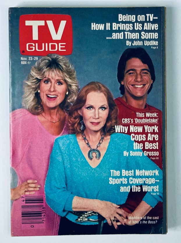 Cover of TV Guide Magazine for November 23-29, 1985, featuring Katherine Helmond with two other actors. The magazine highlights topics such as CBS's 'Doubletake' and sports coverage, representing a piece of vintage television history.