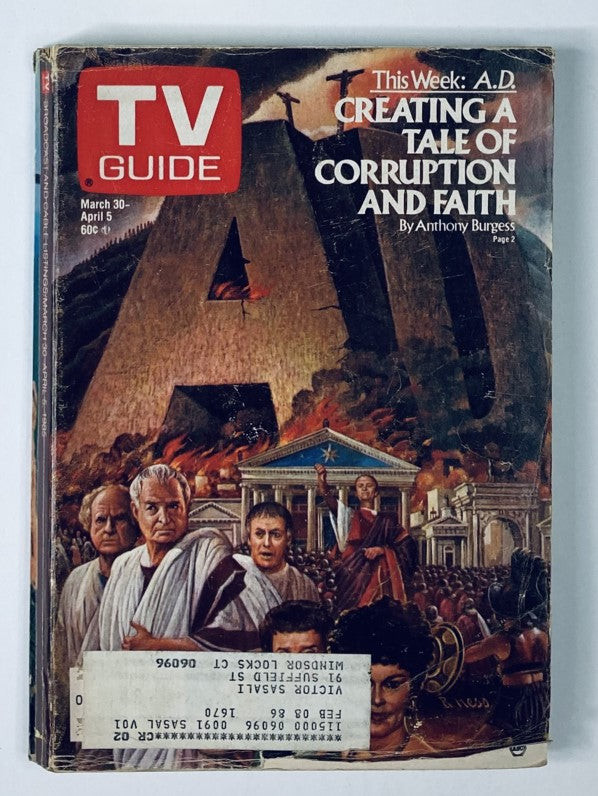 Cover of TV Guide Magazine March 30, 1985, featuring the title 'Creating a Tale of Corruption and Faith' by Anthony Burgess, depicting a historical scene with Roman characters and dramatic artwork.