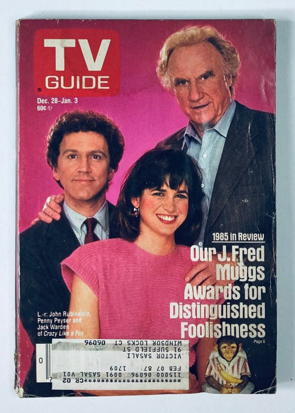 TV Guide Magazine cover from December 28, 1985, featuring Jack Warden, John Rubinstein, and Penny Peyser, highlighting entertainment highlights of the year.