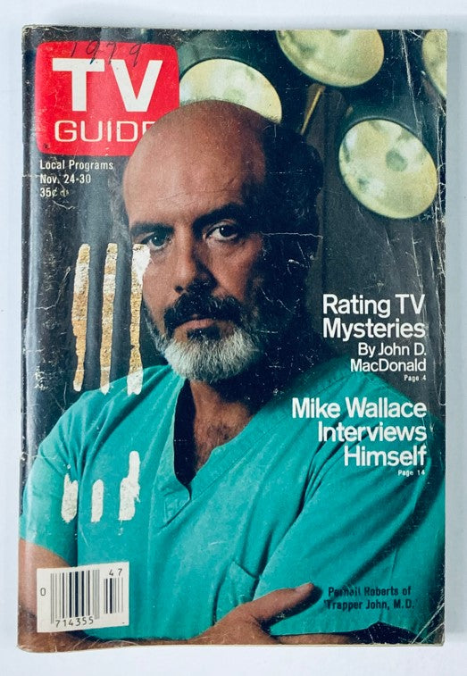 Cover of TV Guide Magazine from November 24, 1979 featuring Pernell Roberts, showcasing a portrait of the actor in a teal shirt, with text highlighting articles on TV mysteries and an interview with Mike Wallace.