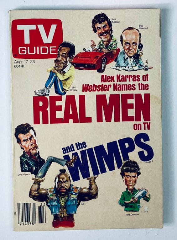 TV Guide Magazine August 17 1985 featuring caricatures of Mr. T, Tom Selleck, and other iconic TV personalities. The cover highlights the theme 'Real Men on TV and the Wimps', representing the popular culture of the mid-1980s.