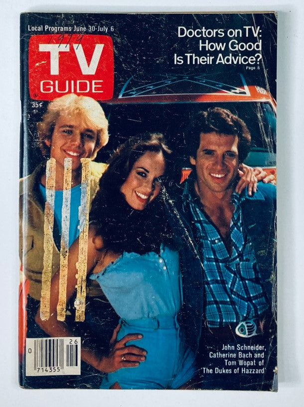 Cover of TV Guide Magazine June 30, 1979 featuring John Schneider, Catherine Bach, and Tom Wopat from The Dukes of Hazzard. The magazine highlights popular TV programs and includes nostalgic elements from the late 1970s.