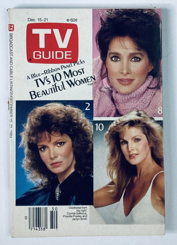 TV Guide Magazine December 15 1984 featuring Priscilla Presley on the cover, highlighting TV's 10 Most Beautiful Women with images of notable figures including Connie Sellecca and Jaclyn Smith.