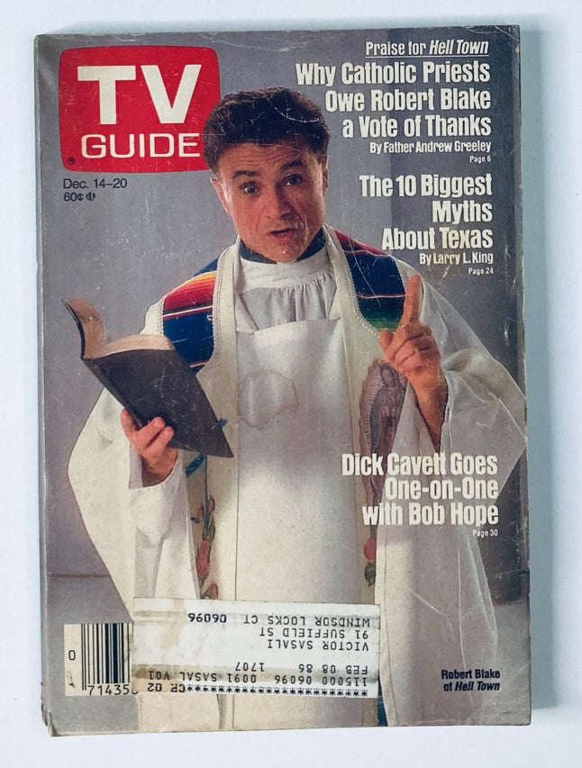Cover of TV Guide Magazine December 14, 1985 featuring Robert Blake from the show Hell Town. The magazine highlights articles such as 'Why Catholic Priests Owe Robert Blake a Vote of Thanks' and 'Dick Cavett Goes One-on-One with Bob Hope.' This vintage issue showcases the entertainment landscape of the mid-1980s.