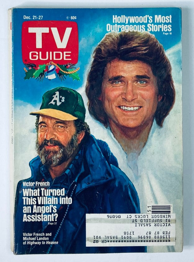 Cover of TV Guide Magazine December 21 1985 featuring Victor French and Michael Landon, highlighting their roles in Highway to Heaven and a festive holiday theme.