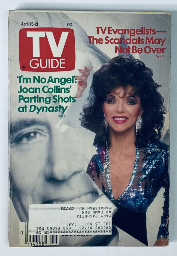 TV Guide Magazine cover from April 15, 1989 featuring Joan Collins with an article titled 'I'm No Angel! Joan Collins' Parting Shots at Dynasty', alongside a prominent image of John Forsythe, showcasing classic television stars.