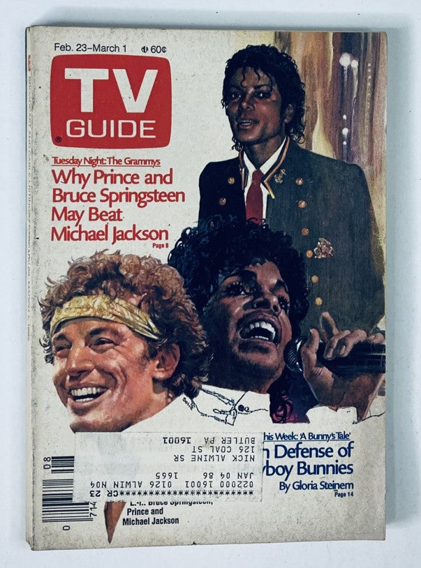TV Guide Magazine February 23 1985 featuring Michael Jackson on the cover, with images of him and other performers, emphasizing the Grammy Awards and the cultural significance of the era.