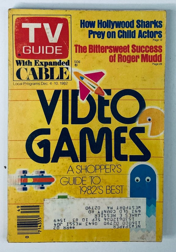 Cover of TV Guide Magazine from December 4, 1982, featuring an article on the 'Best Video Games', with a bright yellow background and graphic elements including a spaceship and arcade-themed illustrations.