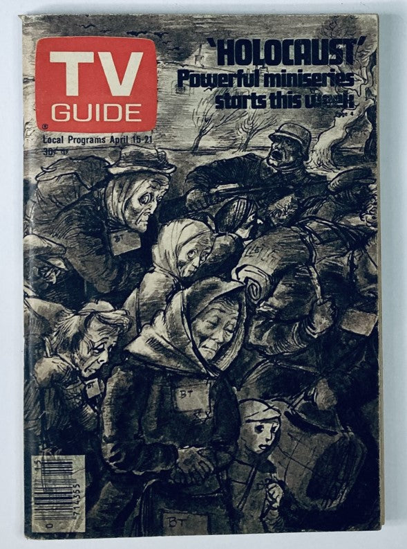 Cover of TV Guide Magazine from April 15, 1978, featuring a striking illustration related to the Holocaust. The magazine highlights the powerful miniseries 'Holocaust' and showcases a historical context with an impactful visual representation. Essential for collectors and enthusiasts of vintage media.