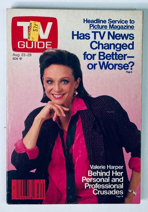 Cover of TV Guide Magazine from August 23, 1986 featuring Valerie Harper. The cover asks the question, 'Has TV News Changed for Better or Worse?' and highlights Harper's personal and professional crusades.