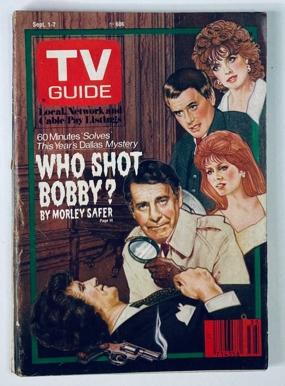 TV Guide Magazine cover from September 1, 1984, featuring a prominent story titled 'Who Shot Bobby?' by Morley Safer, showcasing four characters, with a vintage look reflecting the 1980s television culture.