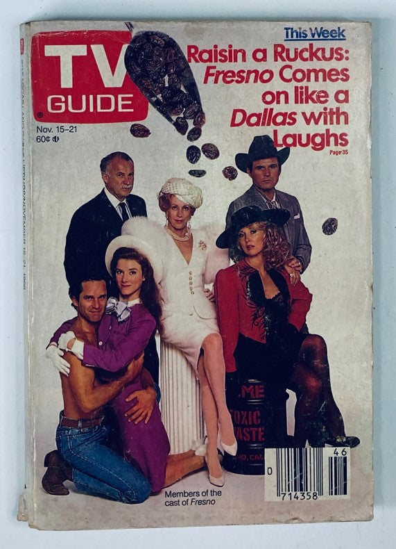 TV Guide Magazine from November 15, 1986 featuring the cast of Fresno, showcasing a vibrant cover design and iconic stars from the miniseries. Perfect for collectors and fans of vintage television history.