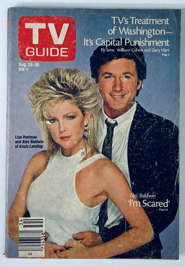 Cover of TV Guide Magazine from August 24, 1985, featuring Lisa Hartman and Alec Baldwin, highlighting the show's themes and celebrities of the 80s.