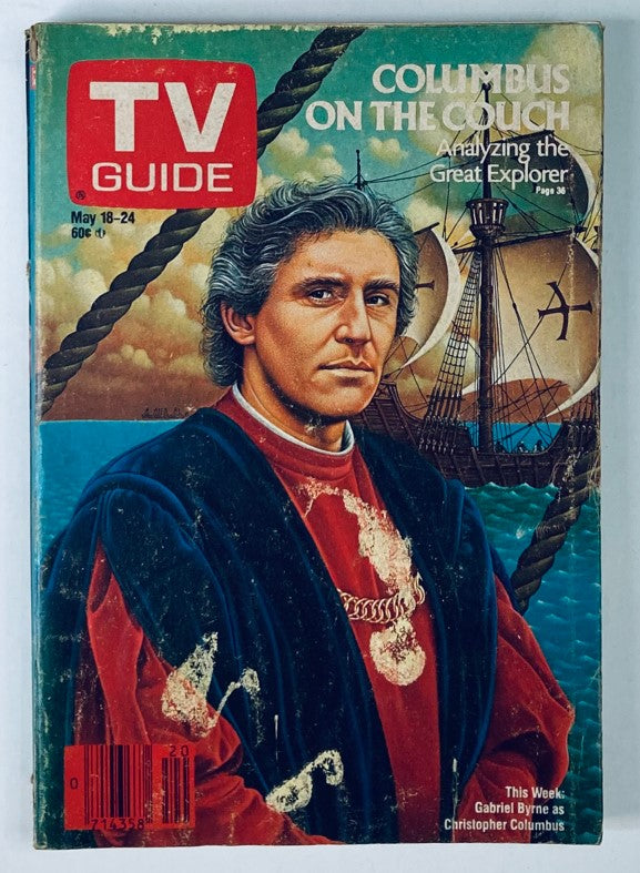 TV Guide Magazine cover from May 18, 1985, featuring the headline 'Columbus on the Couch' with a portrait of Christopher Columbus, and a depiction of a historic ship in the background. This issue includes analysis related to Columbus and highlights the cultural context of television in the 1980s.